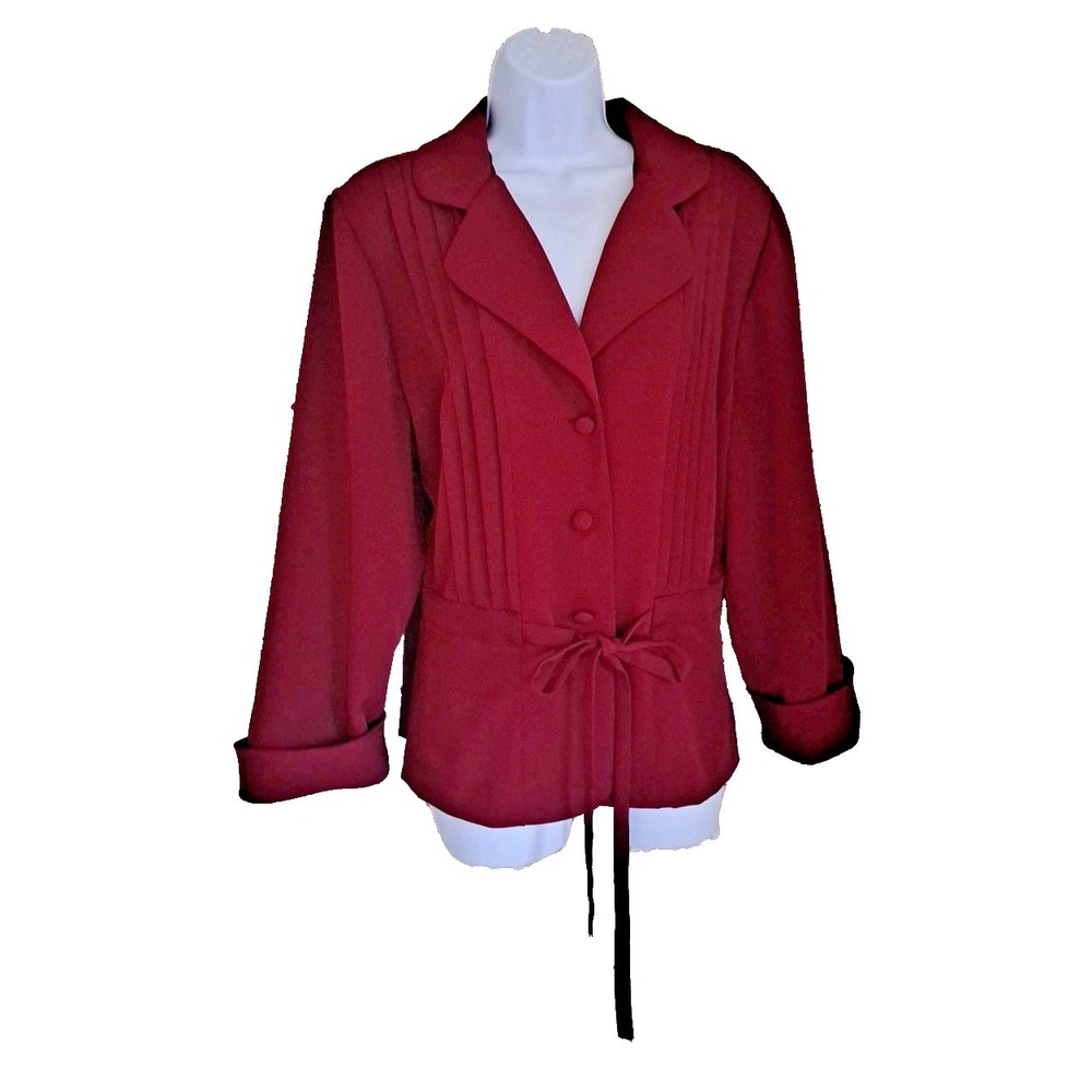 Karin Stevens Blazer Size 18W Maroon Peplum Jacket 3 Button Shoulder Pads Cuffs